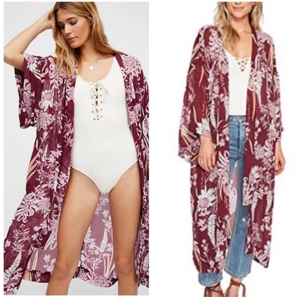 Free People Jackets & Blazers - Free People Floral Burgundy Kimono M NW